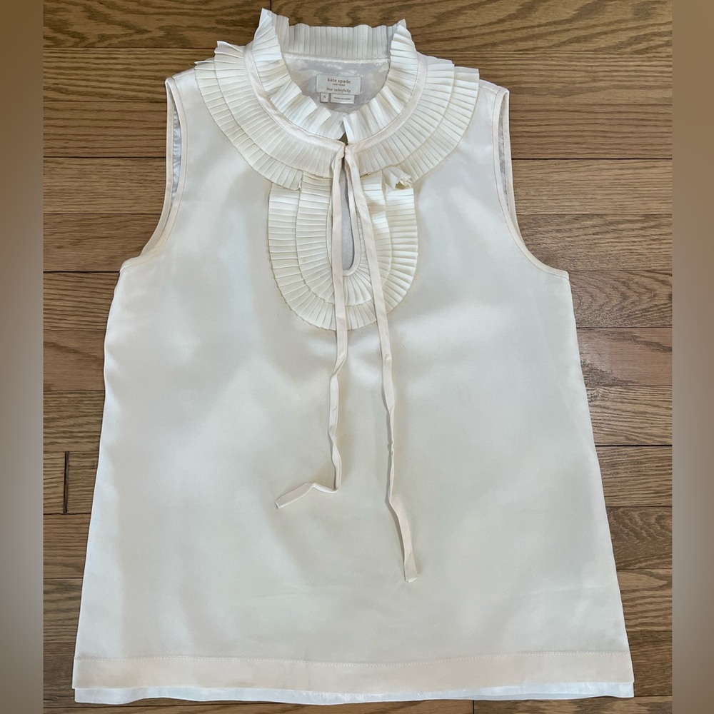 KATE SPADE “Antoinette” Silk Sleeveless Ruffle White Blouse Top